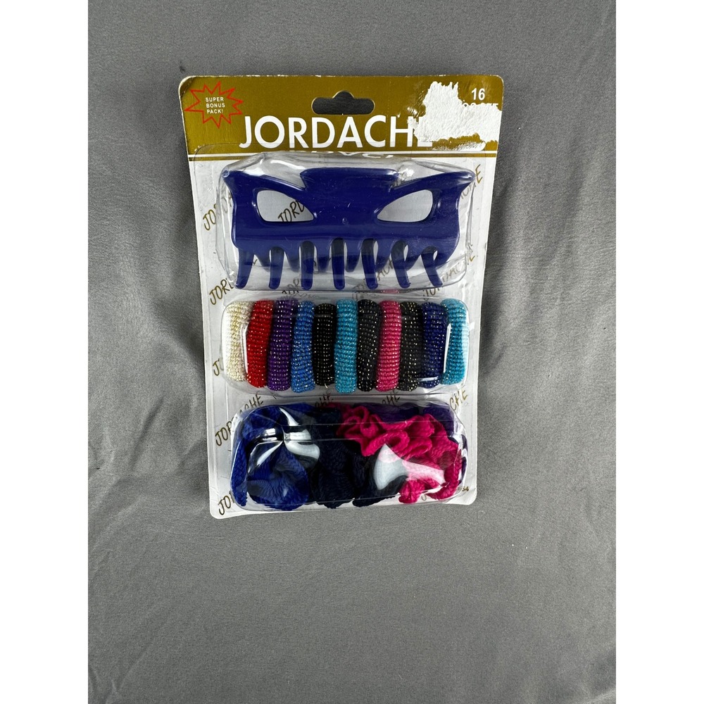 Jordache hair accessories set, includes claw clip, hair ties, and scrunchies